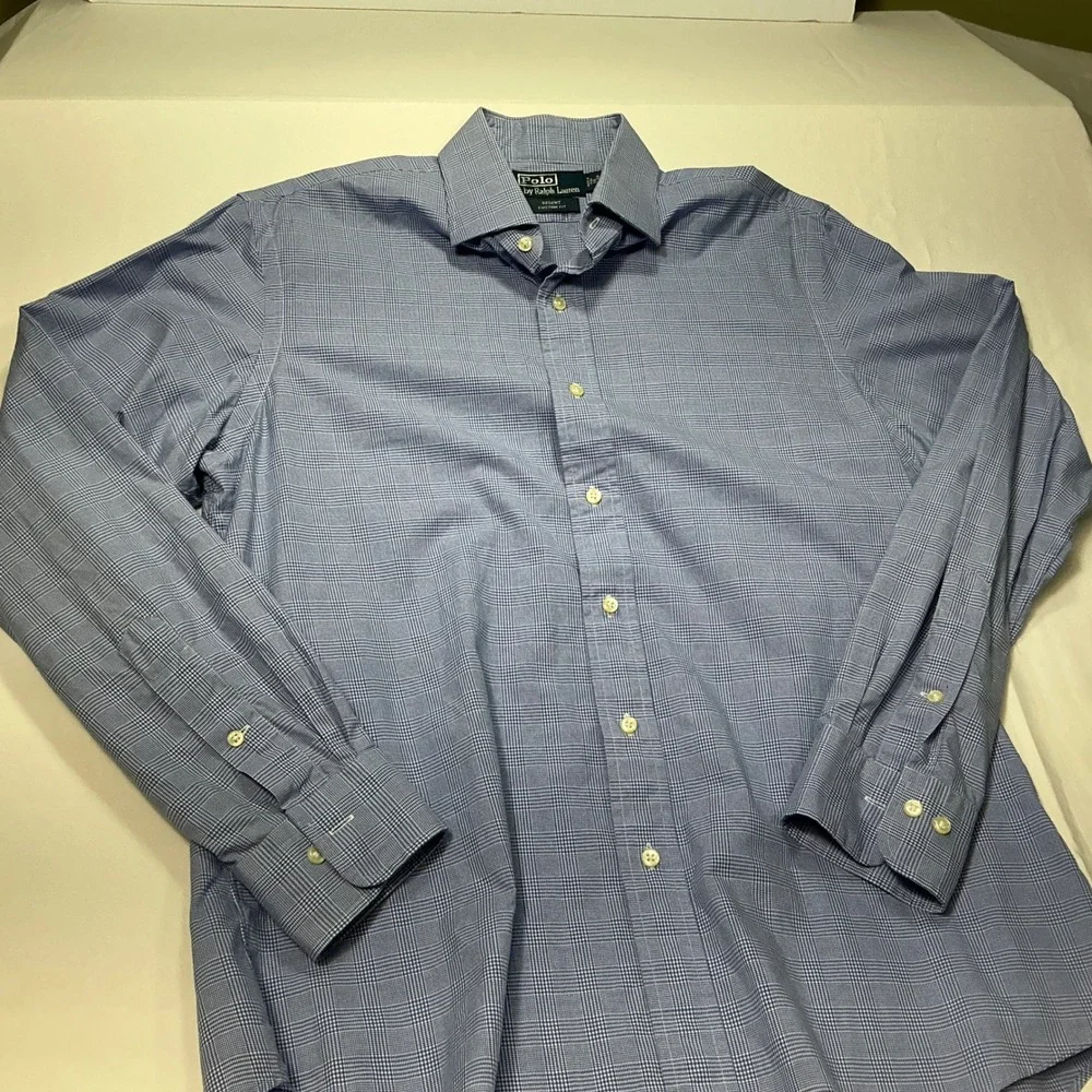 Polo by Ralph Lauren Regent Custom Fit Plaid Dress Shirt Blue Mens Size‎ 16-34